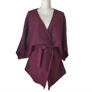bebe Deep Plum Assymetrical   Kimono Wrap Knit Cardigan Batwing Sweater Size L